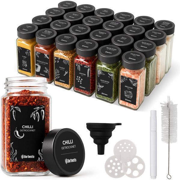 CLP 24er Set Gewürzgläser eckig 120ml Streueinsätze Etiketten Trichter Bürste,schwarz Edelstahl