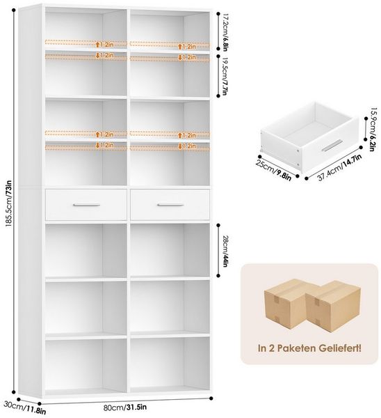 HOMECHO Bücherregal, 185,5 cm hoch Standregal mit 8 Ebenen und 2 Schubladen