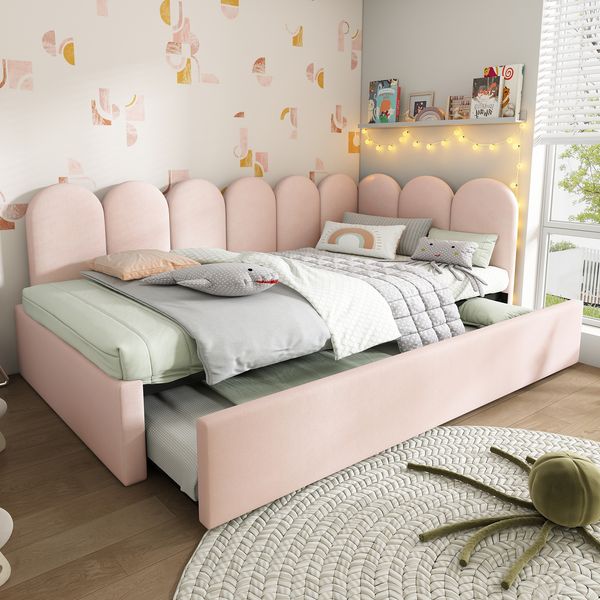 Merax Einzelbett Polsterbett 90x200cm,Tagesbett Schlafsofa mit Ausziehbett 90x190cm, Kinderbett mit Lattenrost, Samt, Rosa