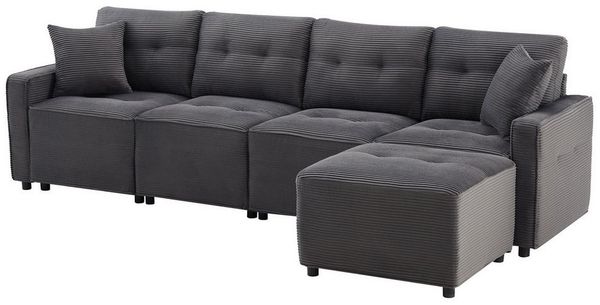 BlingBin Sofa Gerades 4-Sitzer Corduroy Sofa mit Stauraum unter den Sitzflächen, 1 Teile, 1 Hocker, B280 x T146 x H85 cm
