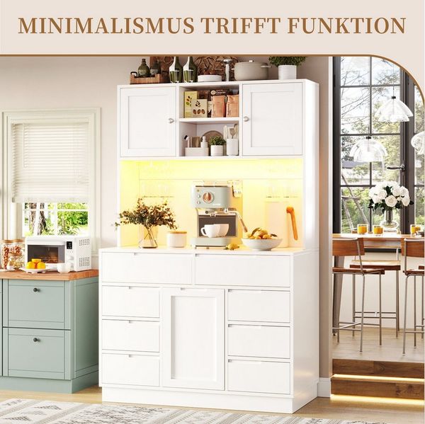 SeedWave Buffet 120cm Küchenbuffet mit LED-Beleuchtung, Glashalter & Viel Stauraum Höhenverstellbare Einlegeböden, Kippschutz-Set