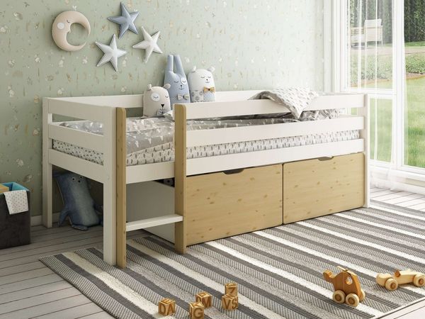OTTO home Kinderbett Tide, maximaler Stauraum durch Schubkästen, Massivholz (4-tlg, Kinderbett inklusive Lattenrost und 2 Bettkästen), Hochbett mit Rausfallschutz, Made in EU