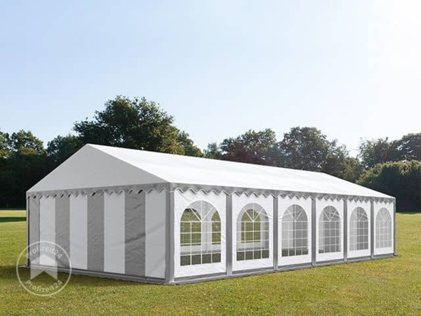 TOOLPORT Festzelt Partyzelt 6x12 m feuersicher PREMIUM, hochwertige PVC Plane 750 N in grau-weiß 100% wasserdicht mit Bodenrahmen