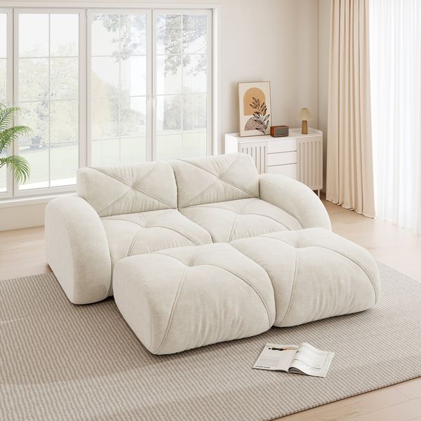Sofa 2-Sitzer in Hellbeige, Chenille, rahmenloses Modulsofa mit 2 Hockern,76x204x171 cm