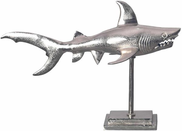 Dekofigur Hai Aluminium Silber Maritim 70 cm mit Sockel