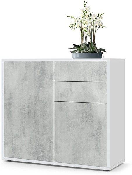 Vladon Sideboard Ben, Kommode mit 2 Türen und 2 Schubladen, Weiß matt/Beton Oxid-Optik (79 x 74 x 36 cm)