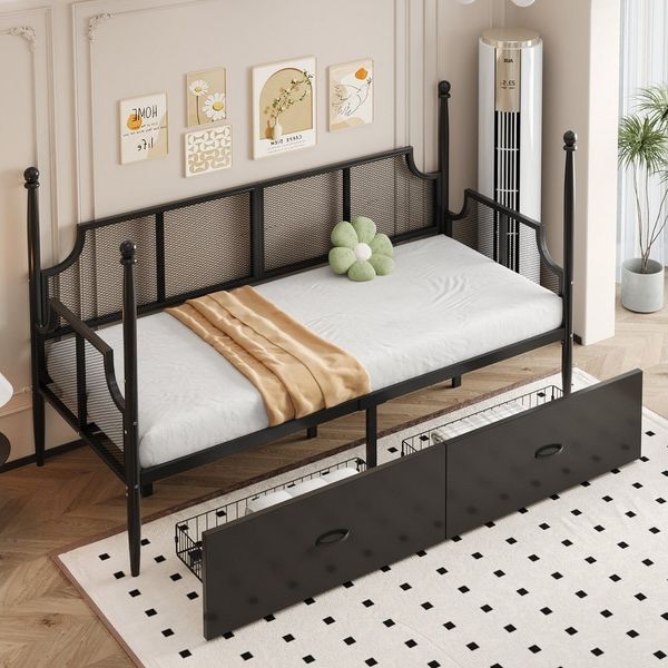 Merax Daybett (Kinderbett Jugendbett Schlafsofa Sofabett mit hohen Pfosten, 1 tlg), Metallbett Tagesbett 90x200cm mit 2 Schubladen und Netzrückenlehne