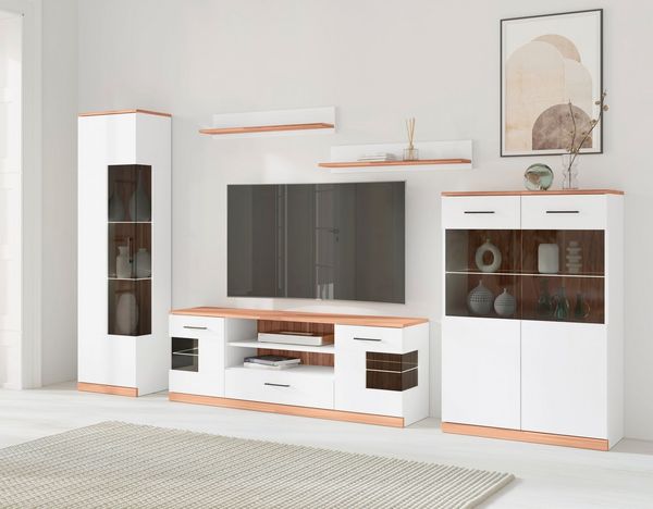 OTTO home Wohnwand Ribe: 5teilig, Breite: 300cm,Fronten aus Massivholz,Korpus aus Melamin, (Set, 5-St), Glaseinsatz aus gehärtetem Glas, Einlegeböden teilweise verstellbar