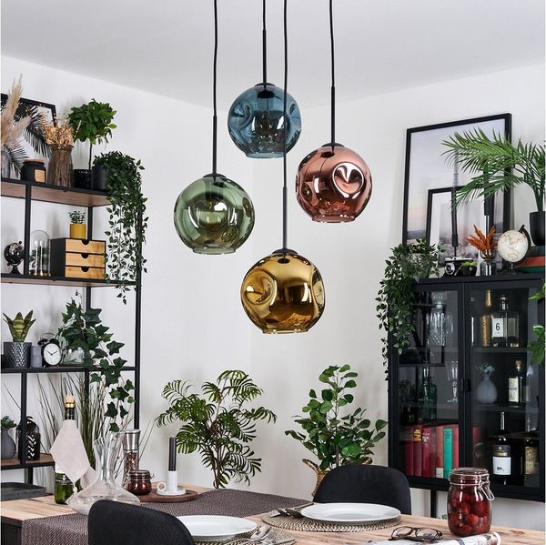 hofstein Hängeleuchte Hängelampe aus Metall/Glas in Schwarz/Blau/Grün/Gold/Kupfer, Hängeleuchte im modernen Retro/Vintage-Design (20 cm), 4 x E27