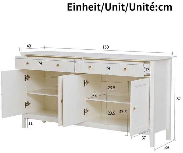 BlingBin Sideboard Wohnzimmerschrank Anrichte Esszimmerschrank (großzügigem Stauraum, 1 St, mit 2 Schubladen und 4 Türen,goldenen Griffen), weiß,160x40x82,5cm,für Küche, Esszimmer & Wohnzimmer Bild 2