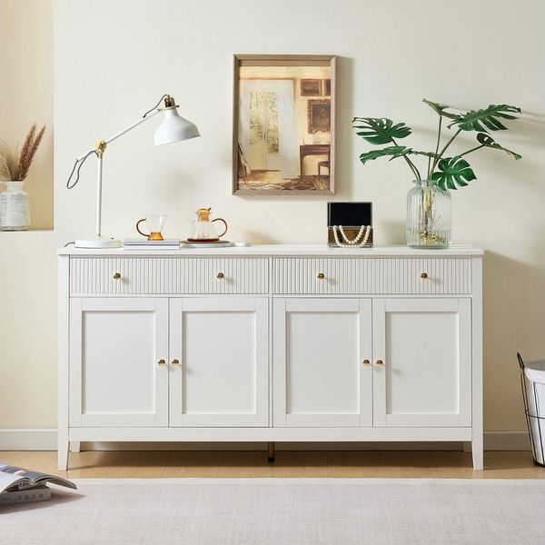 BlingBin Sideboard Wohnzimmerschrank Anrichte Esszimmerschrank (großzügigem Stauraum, 1 St, mit 2 Schubladen und 4 Türen,goldenen Griffen), weiß,160x40x82,5cm,für Küche, Esszimmer & Wohnzimmer