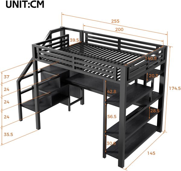 Hochbett 140x200 cm aus Metall und MDF mit Treppe, offenem Kleiderschrank, Schreibtisch, LED-Regal und Stauraum Bild 5