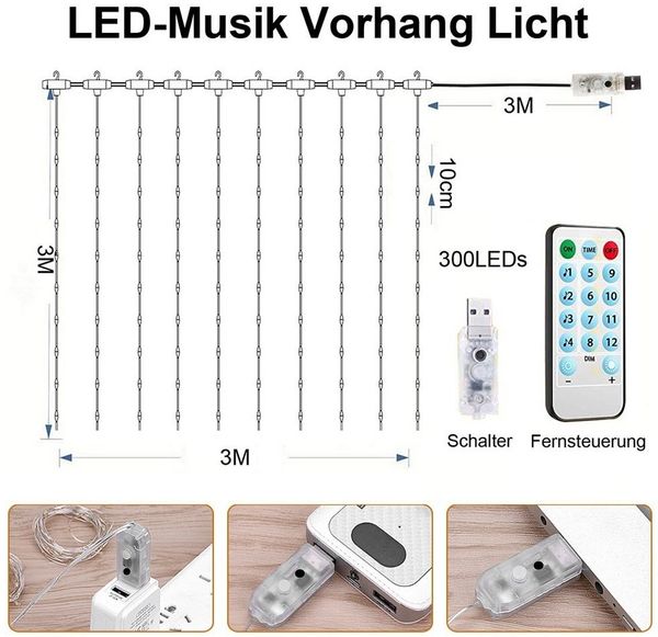 MUPOO LED-Lichtervorhang 3 M X 3 M 300 LED USB Lichterketten Vorhang, 8 Modi