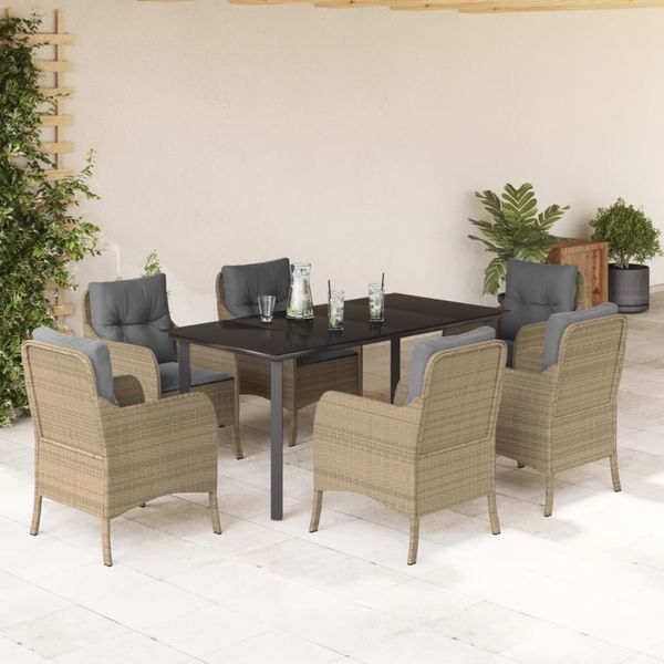 vidaXL 7-tlg. Garten-Essgruppe mit Kissen Beige Poly Rattan 3211987