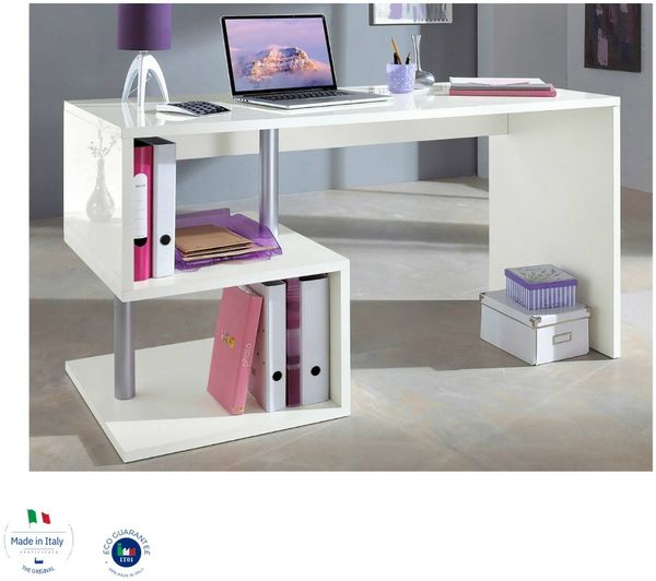 Dmora Schreibtisch Atemis, linearer PC-Schreibtisch, Mehrzweck-Bürotisch, platzsparender Schreibtisch mit mehreren Positionen, 100 % Made in Italy, 140 x 60 x 78 cm, glänzendes Weiß Bild 4