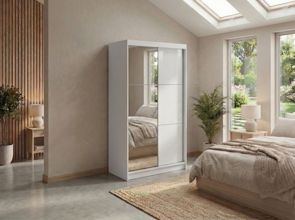 Schwebetürenschrank WALENCJA mit Spiegel & Lacobel-Glas, moderner Kleiderschrank, Breite 120 cm, High-Gloss Design - Weiß