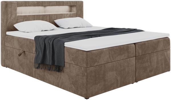 MEBLINI Boxspringbett ASPIN 140x200 cm mit Bettkasten und LED - H3/Braun Samt Polsterbett - Doppelbett mit Topper & Taschenfederkern-Matratze