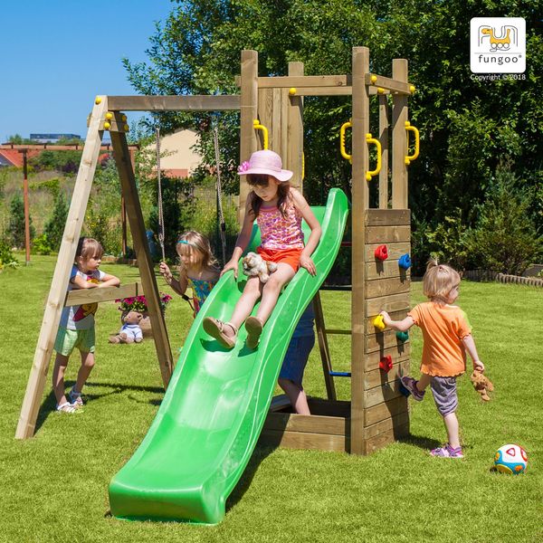 Fungoo Spielturm "Funny 3", natur,mit Schaukel, Rutsche, Sandkasten und Kletterwand