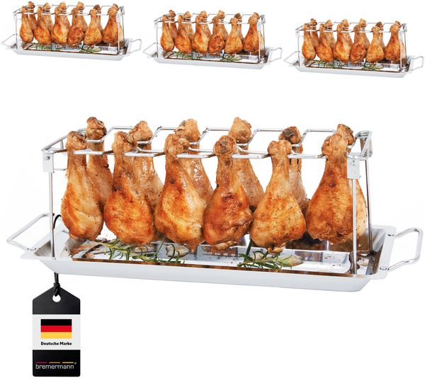 4x Hähnchenschenkel-Halter für je 12 Keulen oder Chicken Wings, inkl. Auffangschale, aus Edelstahl