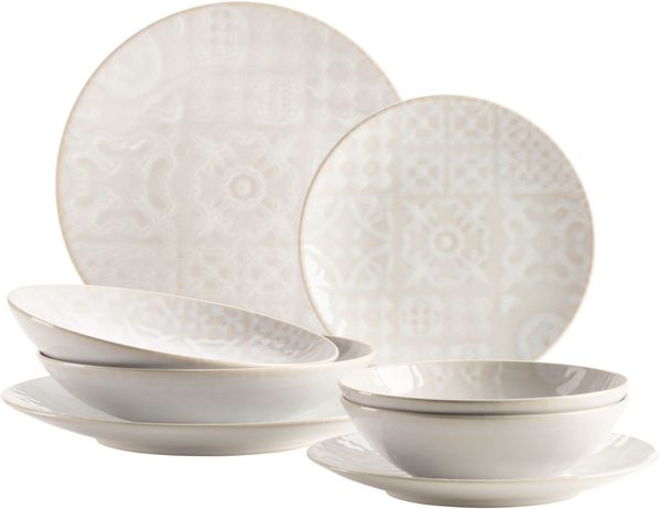 Modernes Vintage Geschirr Set für 2 Personen in maurischem Design, 8-teiliges Tafelservice mit Tellern und Schalen aus hochwertiger Keramik; Weiß