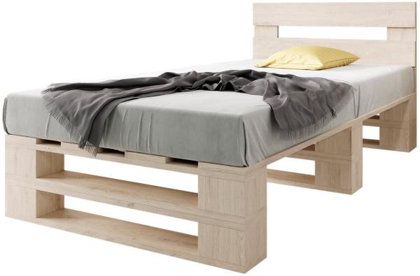 sunnypillow Palettenbett M2 aus Holz 90x200 cm mit Kopfteil und 2 Bettkästen. Stabiles Seniorenbett Kinderbett Jugendbett Gästebett erhöhtes Einzelbett Bettgestell Futonbett Komforthöhe Naturholz