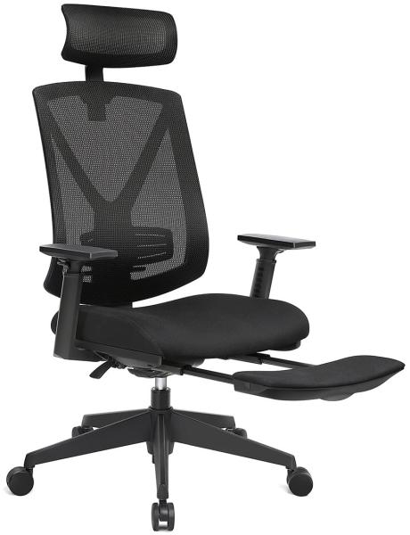 Songmics Ergonomischer Bürostuhl mit Fußstütze und verstellbare Kopfstütze, Netzstoff schwarz, 68,5 x 70 x (116-133) cm