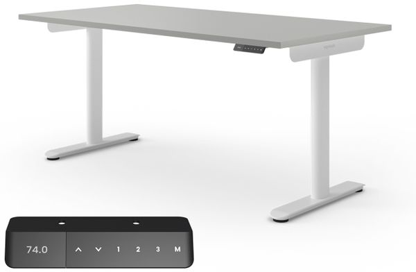 Ergotopia Desktopia One I Elektrisch höhenverstellbarer Schreibtisch I Tischplatte: 160x80 cm, Grau Dekor I Gestell Weiß I Top Preis-Leistung
