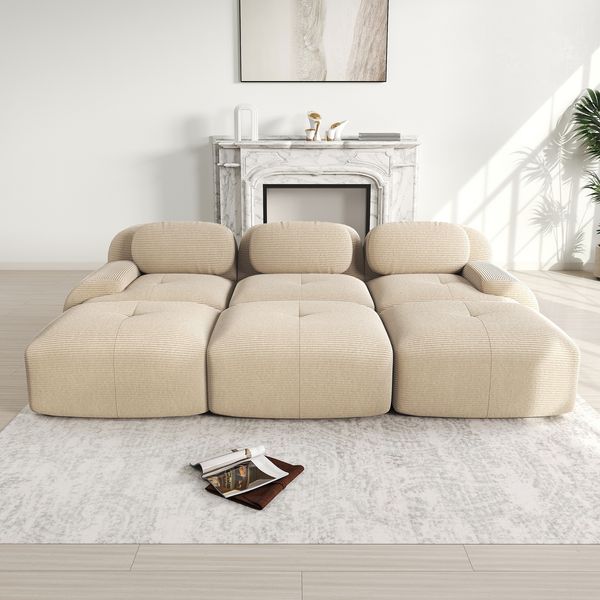 3-Sitzer-Sofa, Modulares mit 3 Hockern aus Cordstoff montagefreie Lieferung haustierfreundlich ultra-breite Armlehnen 32D hochelastische Polsterung für Wohnzimmer und Heimkino, Cordstoff, Beige