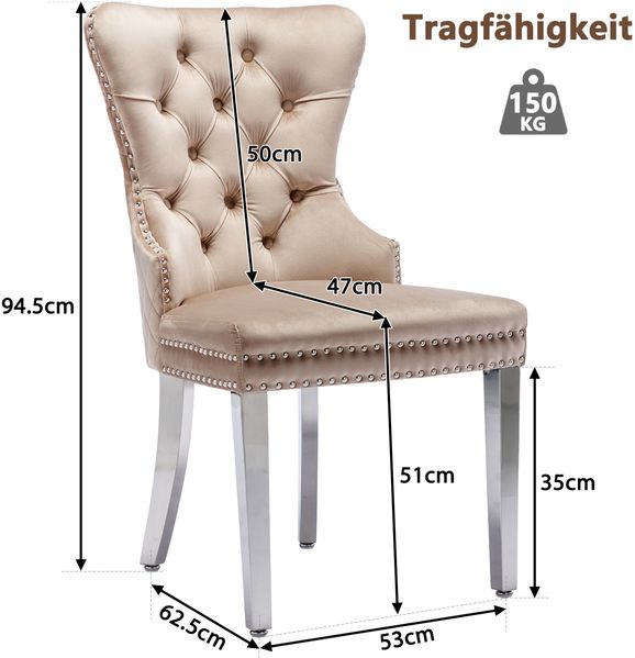 Esszimmerstuhl 62,5 x 53 x 94,5 cm mit Samtbezug und Metallbeinen – beige Bild 7