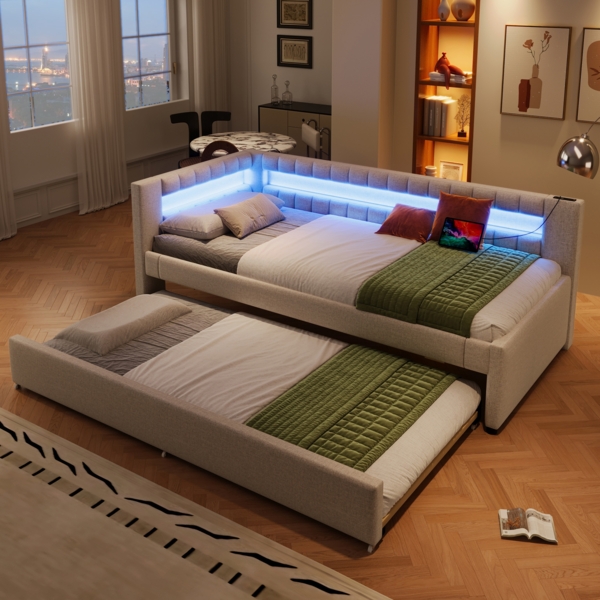 Merax Daybett Polsterbett 90x200cm mit Ausziehbarem Bett, Schlafsofa Tagesbett mit Ladefunkion & LED, Jugendbett Einzelbett Daybed, Leinen, beige