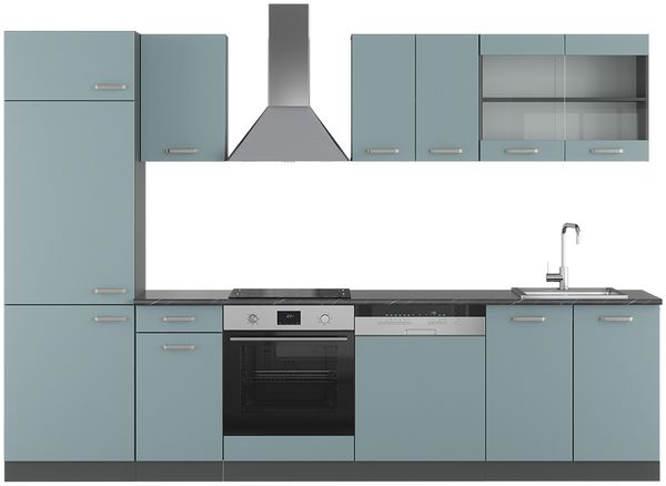 Küchenzeile R-Line Blau-Grau/Anthrazit 300 cm ohne Arbeitsplatte Vicco