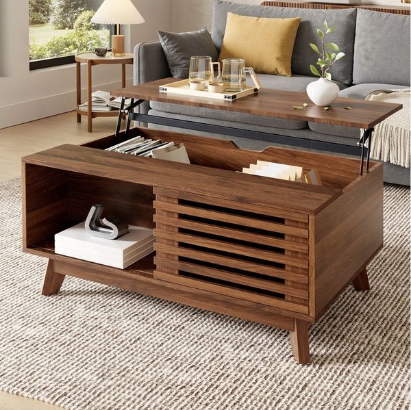 Merax Couchtisch höhenverstellbar Sofatisch Walnuss Retro Beistelltisch (1-St), Wohnzimmertisch mit Jalousietür & Stauraum, 90 x 55 x 57,5 cm