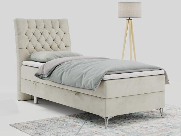 Boxspringbett MILEN, Einzelbett 90x200, Polsterbett mit Multipocket-Matratze und Topper - Beige velours - links - H4