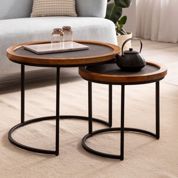Couchtisch 2er Set Rund Holz / Steinoptik Wohnzimmertisch Satztisch