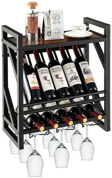 COSTWAY Weinregal, Wand, für 10 Flaschen & 12 Gläser, Holz, 26,5 x 51 x 60 cm