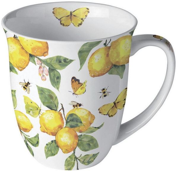 Ambiente Luxury Paper Products Tasse, Keramik, Tasse 10cm Porzellan mit Zitronen & Schmetterling Motiv Weiß / Gelb