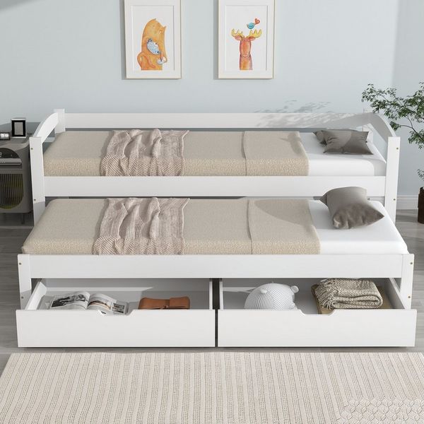 Flieks Kinderbett, Einzelbett 200x90cm mit Schiebebett 190x90cm und 2 Schubladen