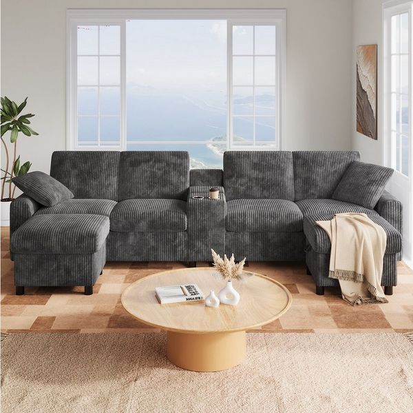Flieks Sofa 4-Sitzer mit 2 Steckdosen, 1 USB-Anschluss und 2 Type-C-Anschlüssen, mit 2 Getränkehaltern und 2 Zierkissen, B315×H81×T135 cm 3 Teile, U-förmig Polstersofa inkl. 2 Fußhockern mit Stauraum Grau, Corduroy