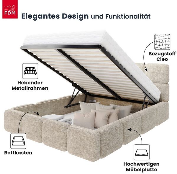FDM Polsterbett CLOUDY Bettgestell Bett 140x200, 160x200, 180x200 cm Bestseller (verfügbar 140x200 160x200 180x200cm, Bettrahmen, Bett, mit großen gepolsterten Kopfteil, mit Bettkasten zum aufklappen), Hebbarer Metallrahmen, Bettkasten, ohne Matratze Bild 2