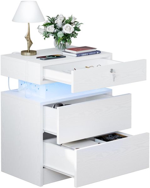 IRONCK Nachttisch mit Steckdose, Nachtschrank mit LED-Beleuchtung, Beistelltisch mit 3 Schubladen, 1 USB- und 1 Typ-C-Anschluss und Schloss, Sofatisch für Wohnzimmer, Schlafzimmer, Weiß