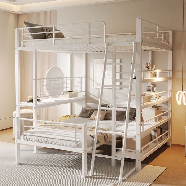 Etagenbett 140/90×200 cm trennbar mit Ablagen, Metall/MDF, Weiß, ohne Matratze