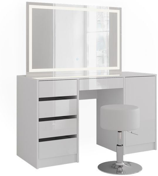 Schminktisch Sherry Weiß/Weiß Hochglanz 128.2 cm mit LED-Spiegel und Hocker Vicco