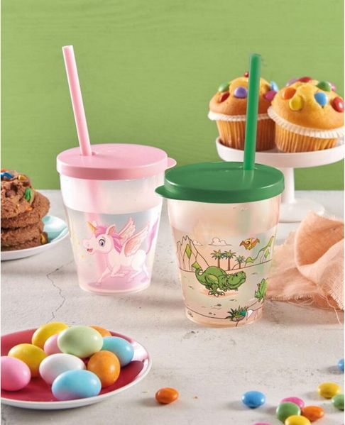 Kinder-Trinkbecher 385ml mit Deckel & Trinkhalm Kindergeburtstag