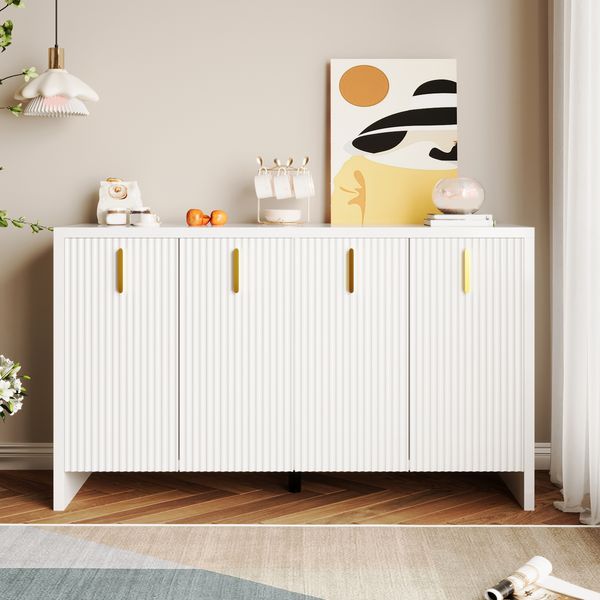 Modernes, minimalistisches weißes Sideboard: die perfekte Kombination aus flexiblem Stauraum und elegantem Design, Sideboard mit goldenen Griffen und verstellbaren Trennwänden