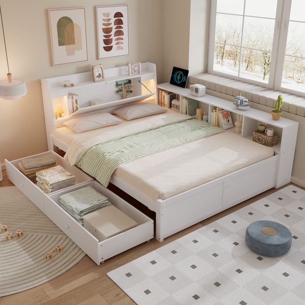 Doppelbett, Paneelbett, Kopfteil mit Ablagefach + 2 Leuchten, mit Ladebuchse, seitlichen Stauschränken und Schubladen, Kiefer+Spanplatte+MDF, Weiß, 140x200cm