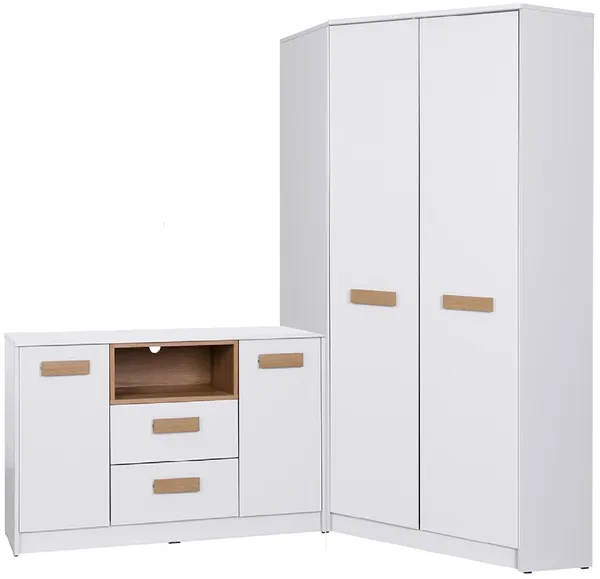 Marmex Möbel Grant Set-18 Kleiderschrank-Set 2-teilig, Eckschrank und Kommode für das Schlafzimmer, Möbelset für das Zimmer mit Eckschrank und Kommode, laminierte Spanplatte, weiß+riviera Eiche