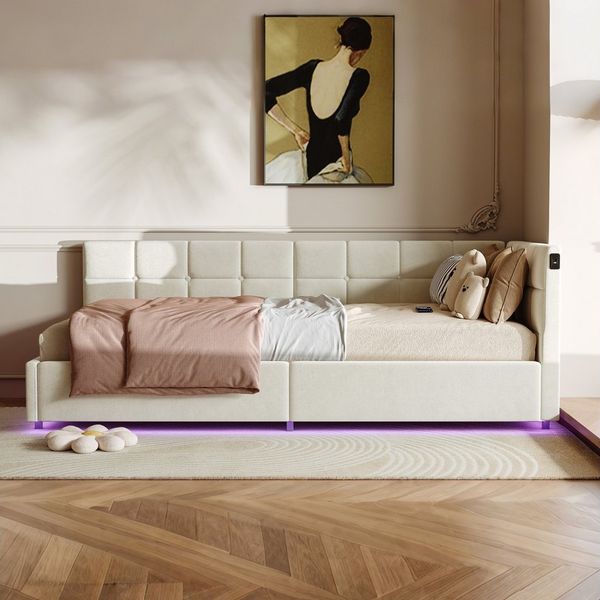 ADWOLT Daybett Tagesbett Polsterbett mit LED-Beleuchtung und Stauraum, Schlafsofa,Jugendbett USB&Typ-C,Einzelbett 90x200cm,Samt,Beige