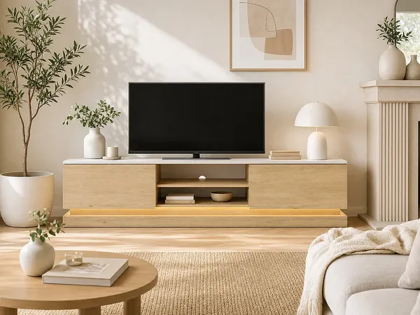 Vente-unique - DEVIKA TV unit Holz, Platte BeigeWeiß - B 40 cm x H 44 cm x L 190 cm
