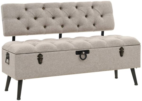 Sitzbank mit Stauraum und Rückenlehne, MDF/Stoff creme, 110 x 52 x 75 cm