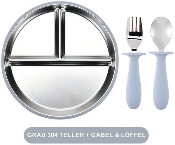 Mutig Kindergeschirr-Set 3 Stück Edelstahl Baby Teller mit Silikon Saugnapf mit Löffeln&Gabeln, 1 Personen, Spülmaschinenfest & BPA Frei mit Unterteilung,Für Kinder geeignet